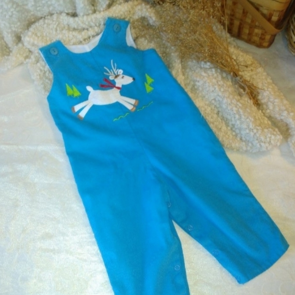 Mulberry Blue Kids Overalls with Reindeer and Tree Design
